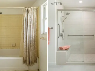Tub to shower conversion with walk-in entry and grab bar