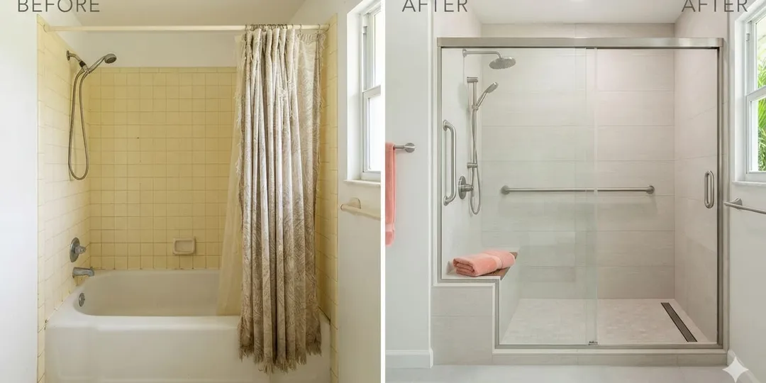 Tub to shower conversion with walk-in entry and grab bar