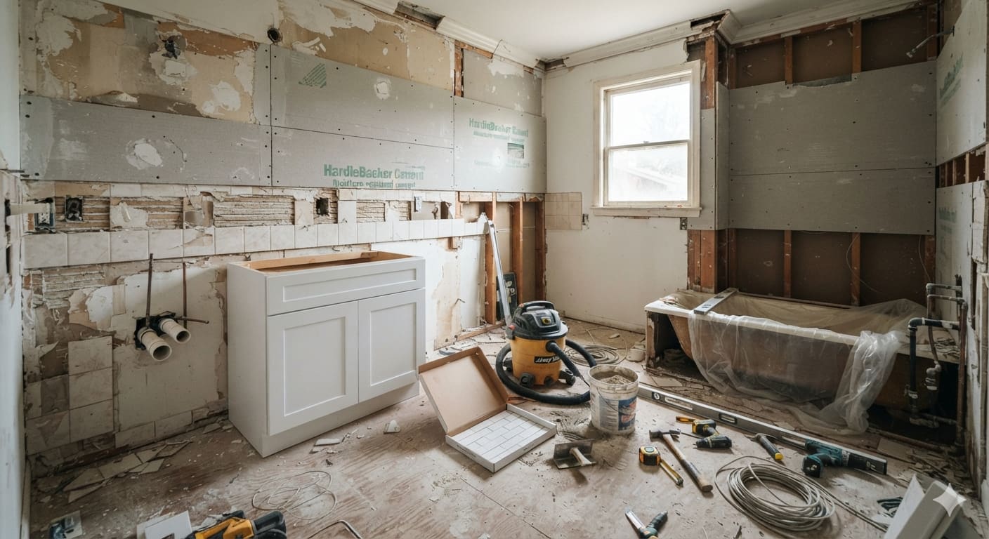 Bathroom remodel in progress showing demolition and new materials