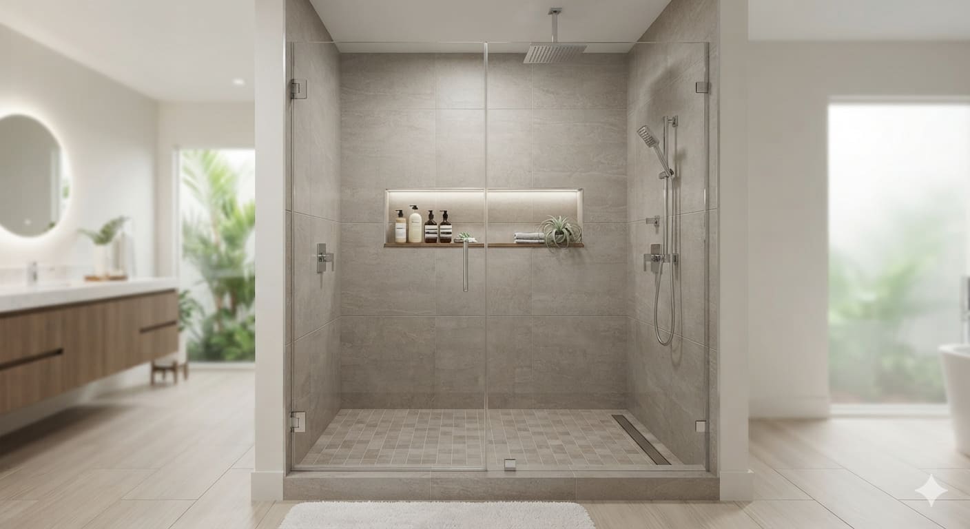 Custom walk-in shower with porcelain tile and frameless glass enclosure
