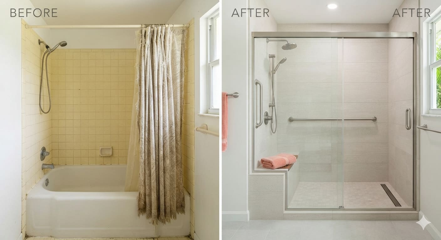 Tub to shower conversion with walk-in entry and grab bar