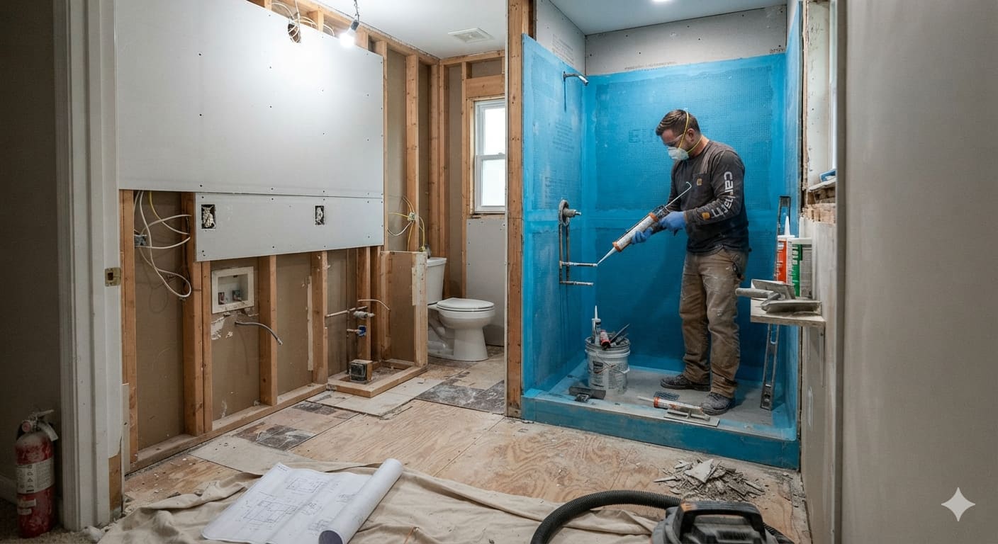 Bathroom renovation mid-project with waterproofing membrane being applied