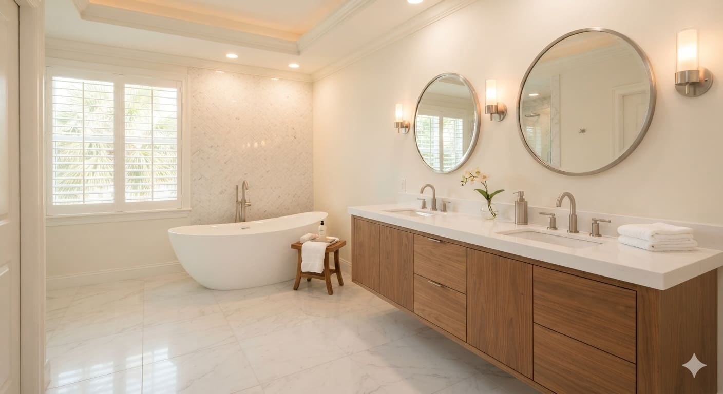 Completed luxury bathroom remodel with freestanding soaking tub, marble tile, and dual vanity