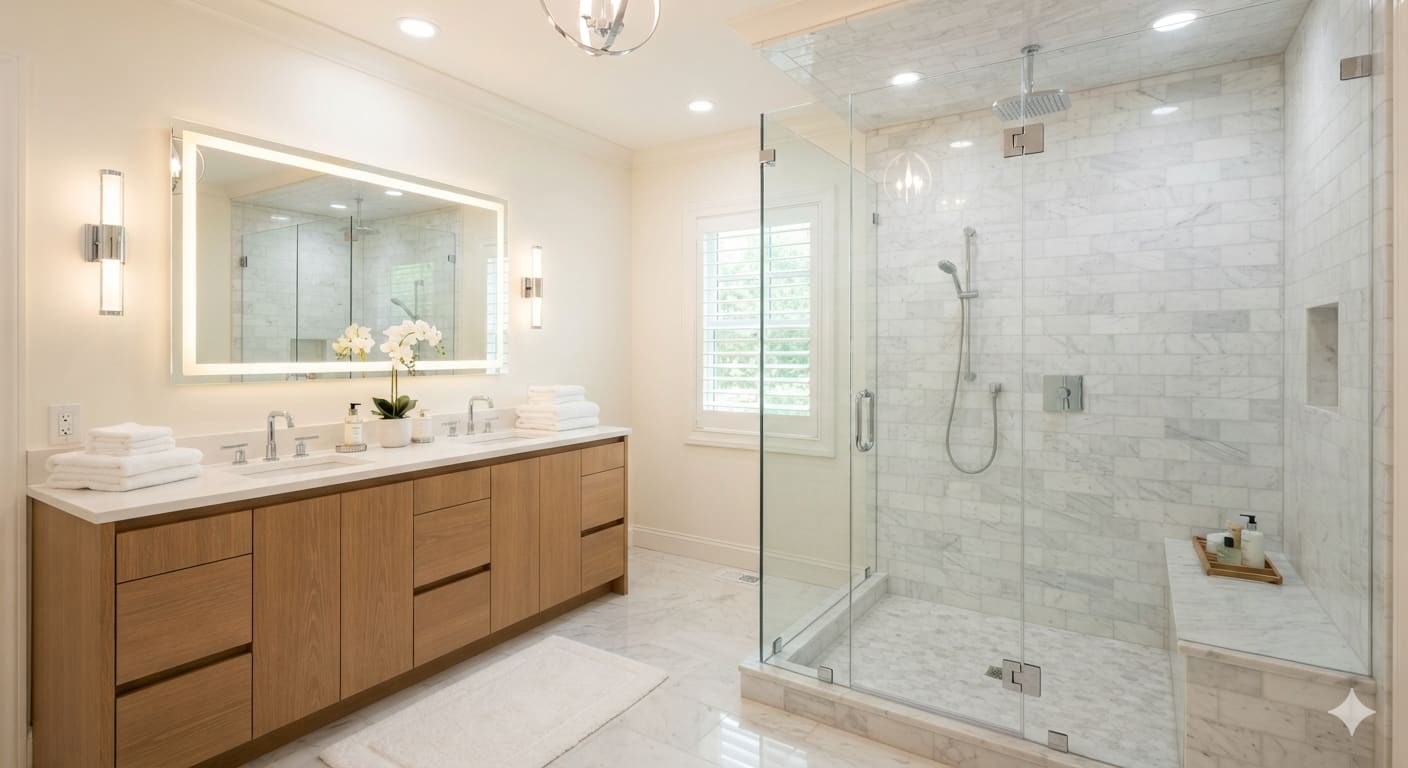 Finished master bathroom with large walk-in shower, marble subway tile, and frameless glass enclosure
