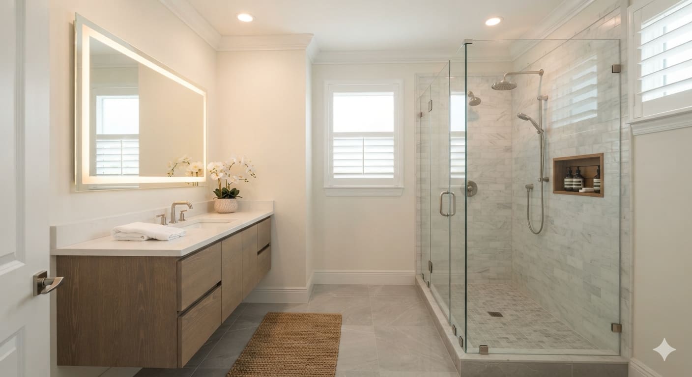 Beautifully completed small bathroom with walk-in glass shower, floating vanity, and backlit mirror